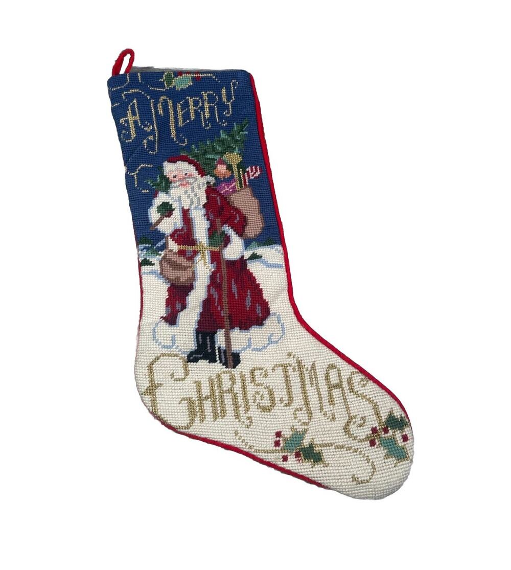 Vintage Unbranded Wool Needlepoint Santa A Merry Christmas Stocking 20”